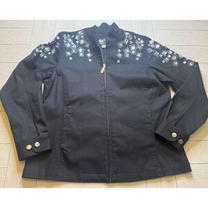 Bob Mackie Black Jacket Stretch Mandarin Collar Zip Crystal Embellished Silver S